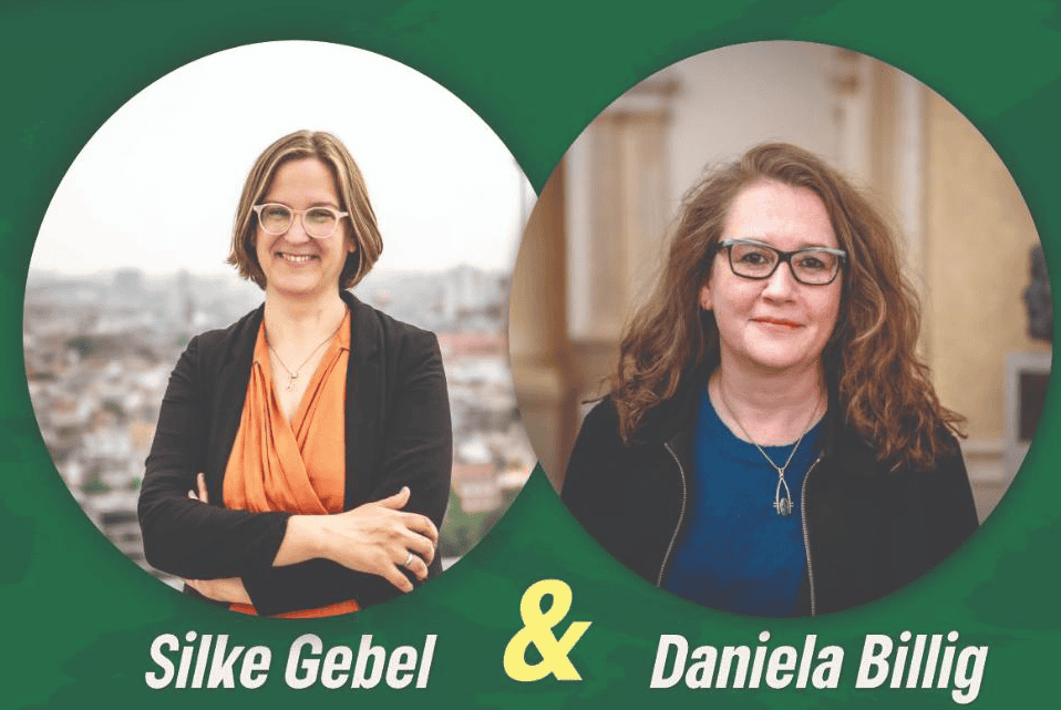Portraits von Silke Gebel und Daniela Billig in kreisrunden Ausschnitten vor grünem Hintergrund