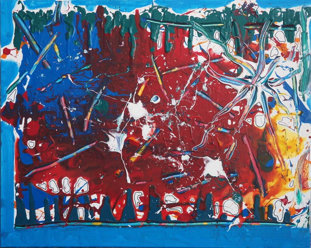 Abstraktes Gemälde von Jens Herrmann mit flächigen kräftigen Farbfeldern in rot und blau, an den Rändern etwas gelb und grün. die Felder sind jedoch wie durchschnitten von geraden, harten Pinselstrichen.